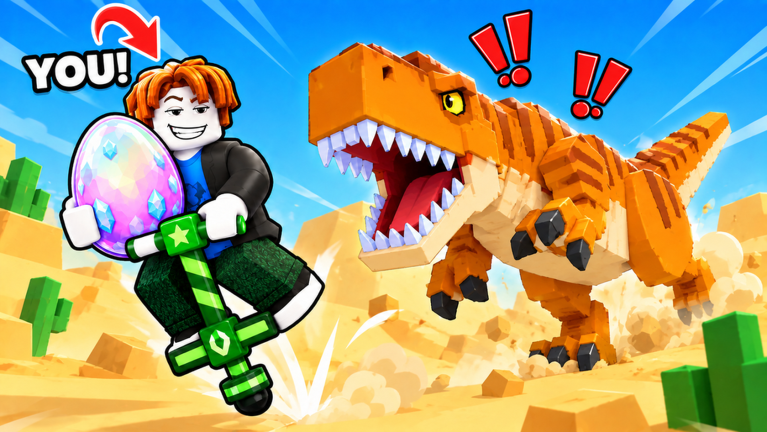 A player on a green pogo stick holds a glowing egg while a blocky orange T-Rex charges through a desert map in Pogo For Animals.