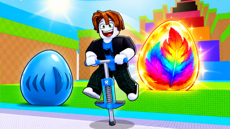 A Roblox character bouncing on a blue pogo stick between a blue egg and a glowing rainbow feather egg on a bright green track in Pogo For Animals.